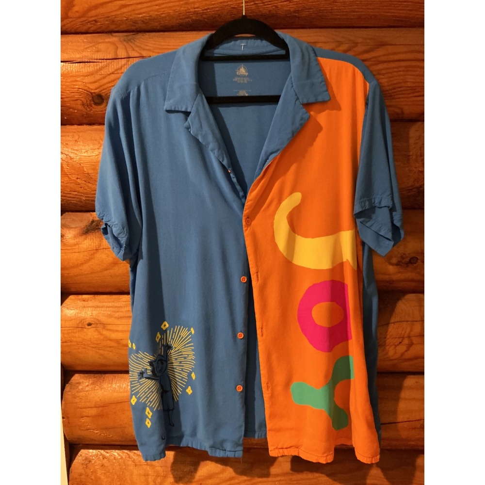 Disney Pixar Inside Out Joy Mens Large Blue Orange Color Block Button Up Shirt